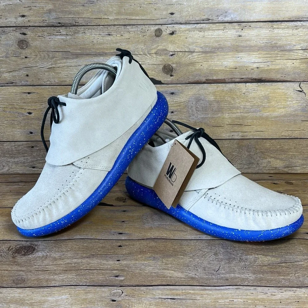 Worldboots Sz‎ 11 Mens Moccasin Sneakers 100% Leather Suede Taupe and Royal Blue